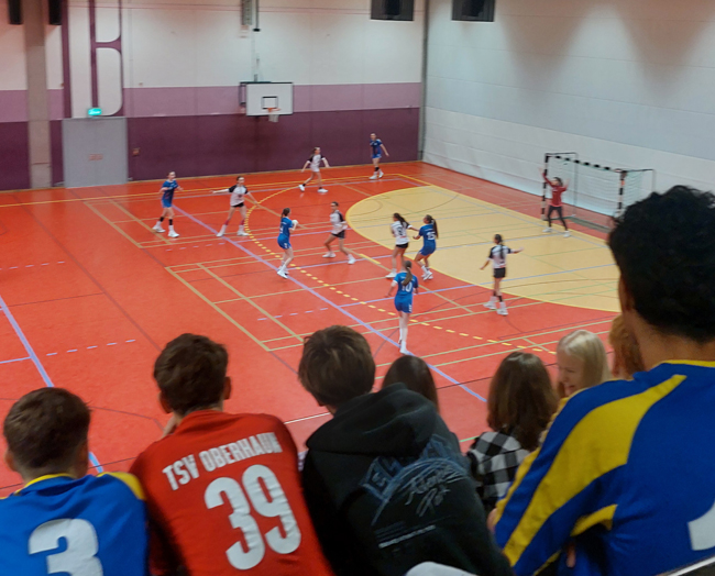 Blick von der Tribüne auf ein Spiel